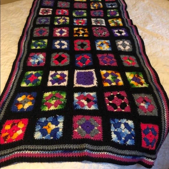 Vintage Granny Square Black Afghan Crochet Runner Bed Pillow Cover Topper 53x26 - Picture 1 of 7